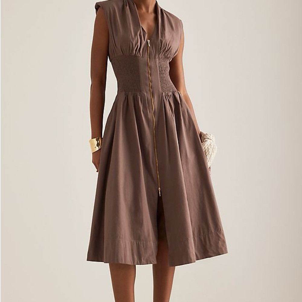Tommie Cap-Sleeve Smocked Front-Zip Shirt Dress